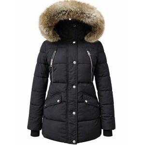 Michael Kors Black Puffer Jacket Faux Fur Trim Hood Sustainable Insulation XS